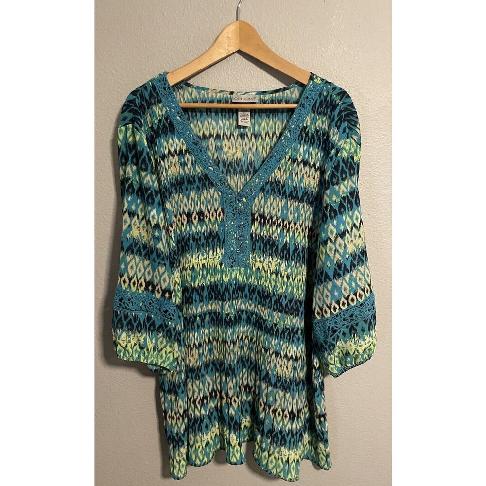 Catherines Womens Tunic 3X Green Blue Abstract Crinkle Relaxed Semi Sheer Artsy